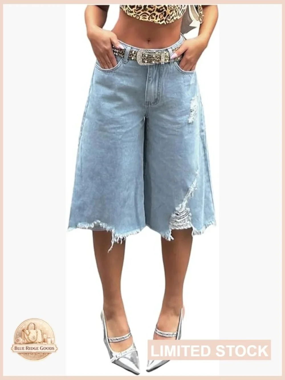 Wide Leg Baggy Cropped Denim Shorts Y2K Ripped Raw Hem High Rise Streetwear